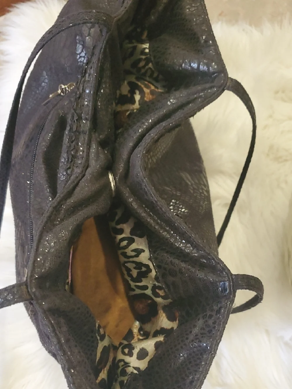 Cache Black Faux Snakeskin Tote with Long Shoulder Straps